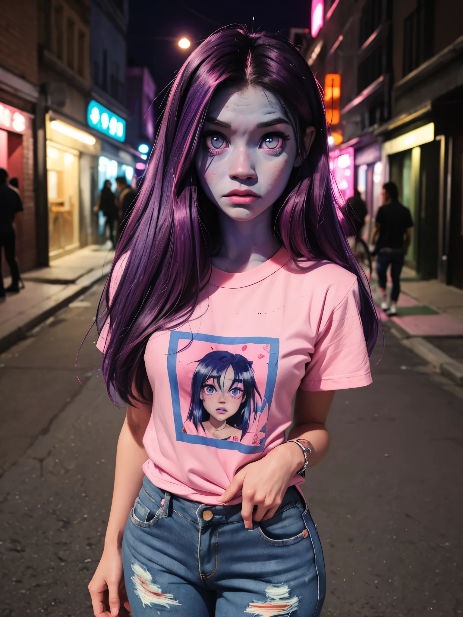 cute anime (zombie girl) with (dark purple straight hair), freckles, (((blue skin))), (((pink eyes))), pink nose. She makes peace hands, ahegao, full body shot, wearing a black t-shirt and a ripped jeans standing on street, at night.
