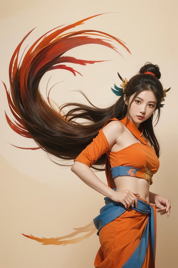Ancient style watercolor painting,Phoenix Yu Fei,The tail is above,The head is below,Orange tail、Mainly red