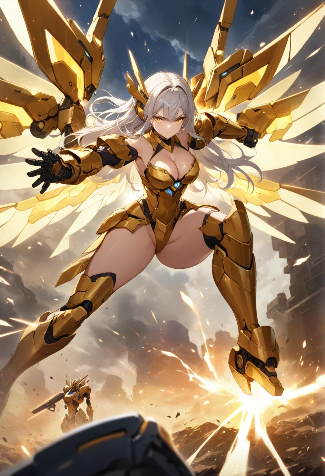 score_9_up, score_8_up, score_7_up, source_anime,masterpiece, best quality, high resolution, extremely detailed CG, absurdres, highres, 1girl, solo, a mecha girl in golden armor with glowing mecha_wings fights at battlefield, ((body surrounded by yellow Battle Aura and lighting)), wings of light, long hair, white_hair, glaring, cleavage, thighs, off-shoulder, (((Shining Armor, glittering Armor))),((mecha wings)), headgear, flying, blue sky, full body, from below, Futuristic, ((aura,Battle Aura, lighting),good_hands