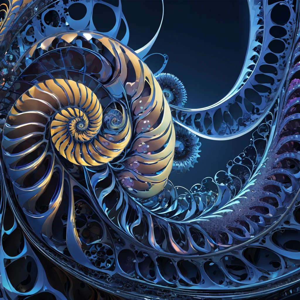 (Nautilus Machine Lifeform)、(Nautilus is mechanically drawn:1.2)、Machine lifeforms emerging from the Mandelbrot set、The emerging lifeforms gradually々Mechanize to、gear、Fractal Art、3D Rendering, Aurora