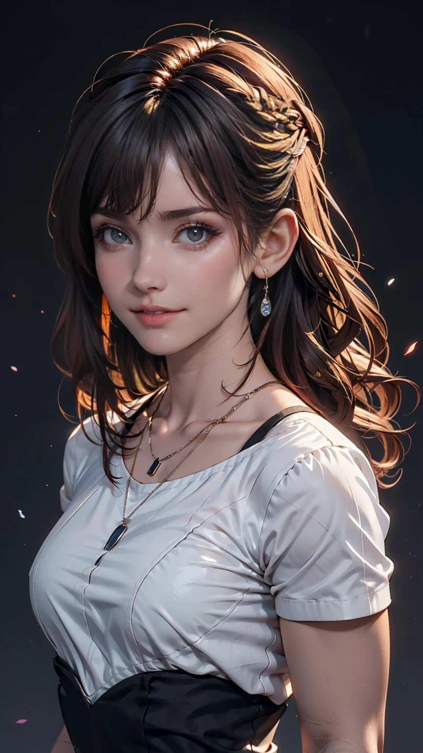 masterpiece,One girl,alone, A light smile, Metal Necklace, White shirt, Modern , accessories, Purple and black two-tone hair color, Unique Hairstyles, stylish, Black background