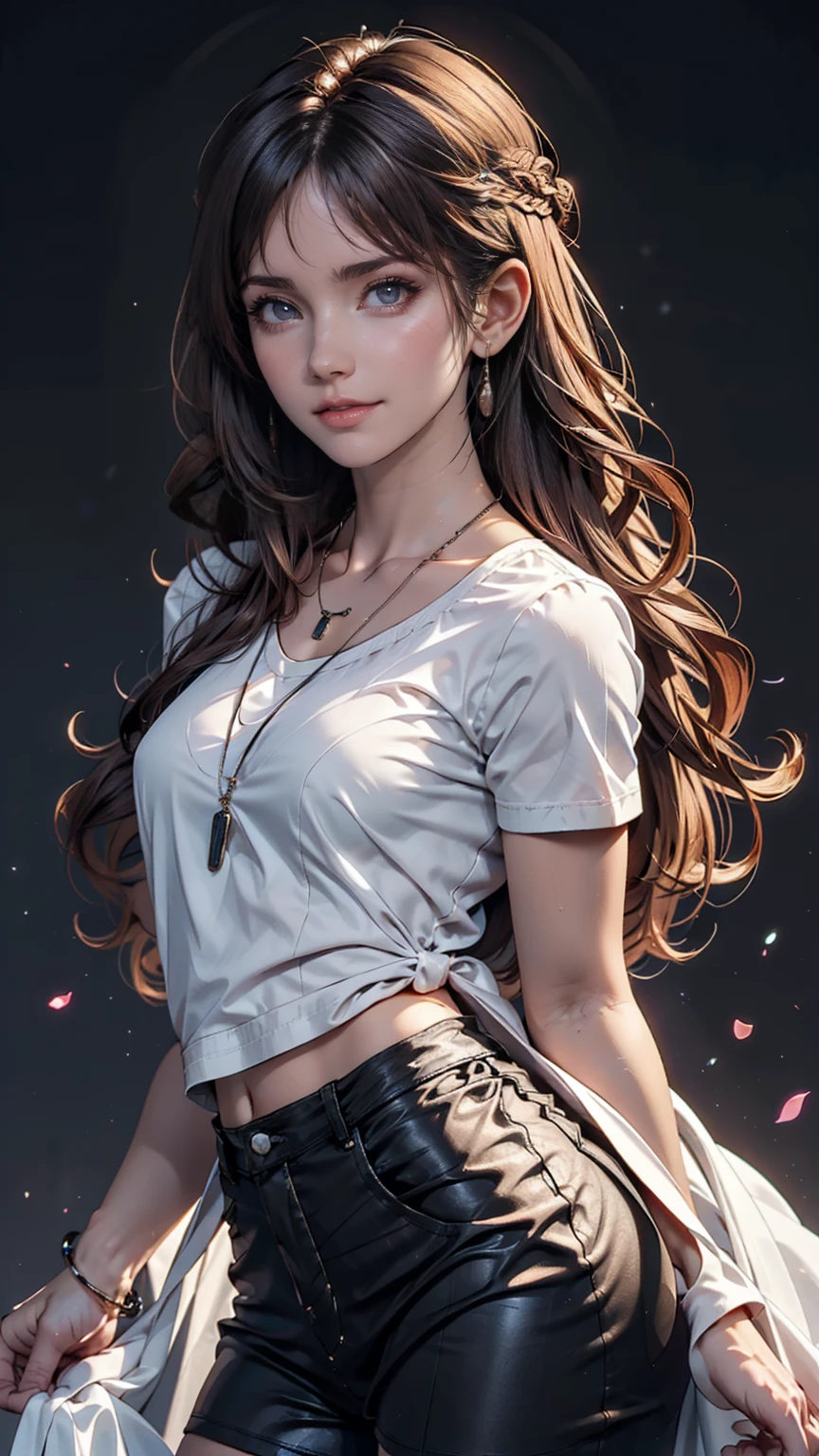 masterpiece,One girl,alone, A light smile, Metal Necklace, White shirt, Modern , accessories, Purple and black two-tone hair color, Unique Hairstyles, stylish, Black background