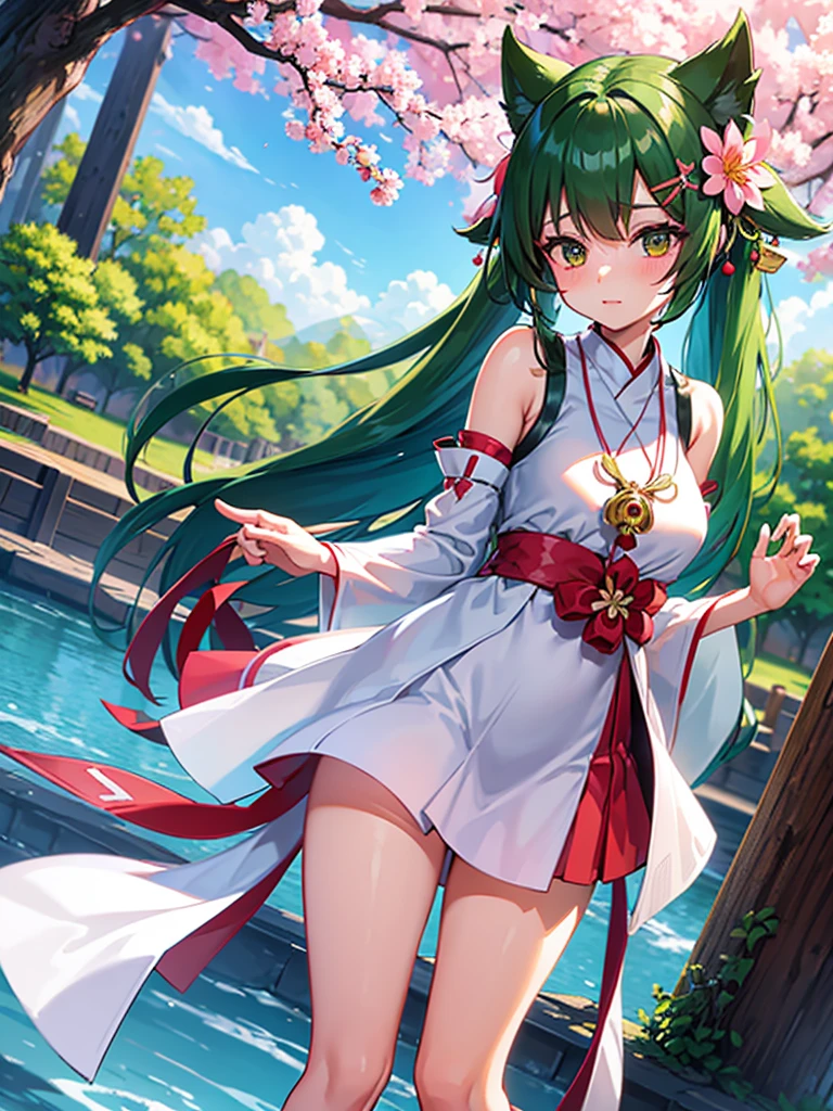 A beautiful young girl, with long green twin tails, heterochromic eyes, and fluffy bangs. She wears a miko shrine maiden outfit and accessories such as a flower hair clip and a jade crescent necklace. BREAK Miko outfit, magical girl accessories BREAK Standing confidently, facing the camera BREAK Lush, detailed fantasy environment with flowers and cherry blossoms