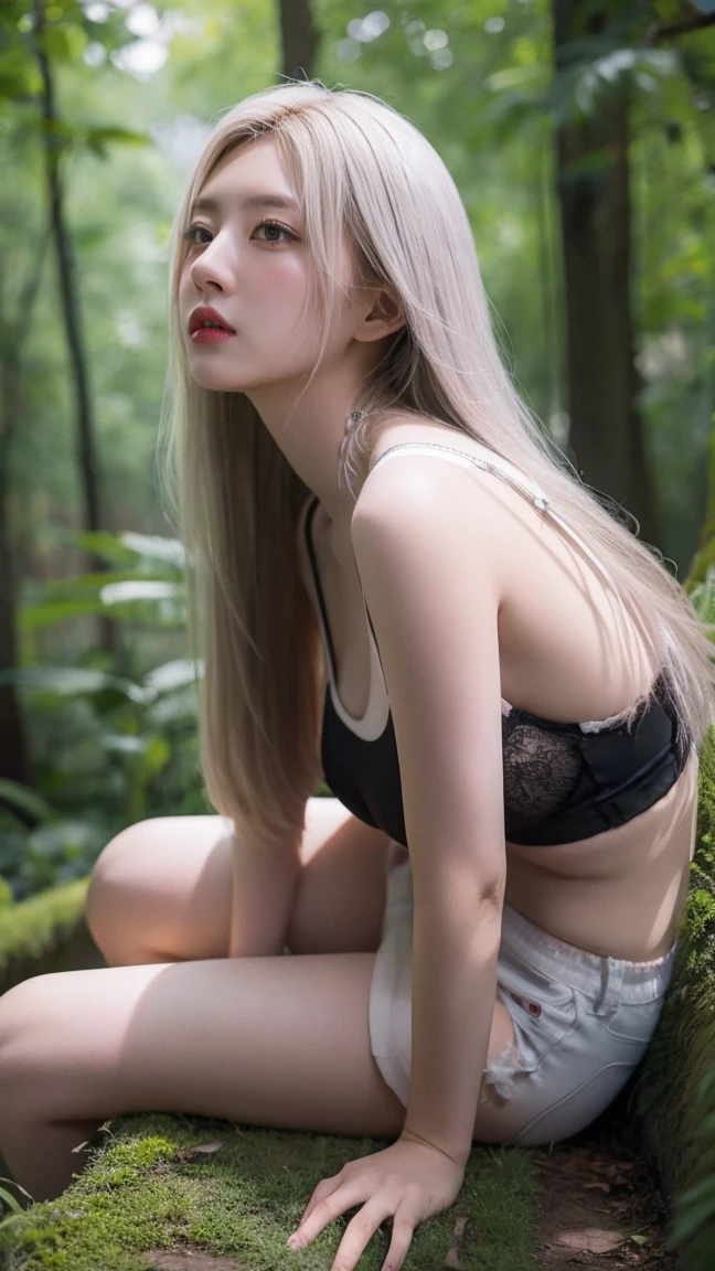 (nsfw), a beautiful girl, long platinum white hair, nice figure, (wearing black bra), ripped shorts, big breasts, beautiful long legs, sitting on a tree branch, ((bottom up view)), (full body shot), (panoramic shot), true light, true light, vivid photo, high quality photo.