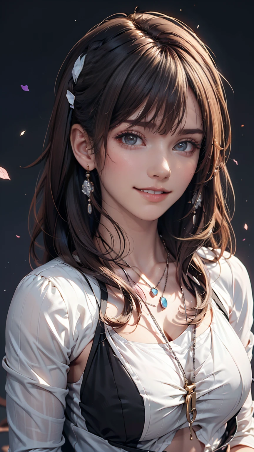 masterpiece,One girl,alone, A light smile, Metal Necklace, White shirt, Modern , accessories, Purple and black two-tone hair color, Unique Hairstyles, stylish, Black background
