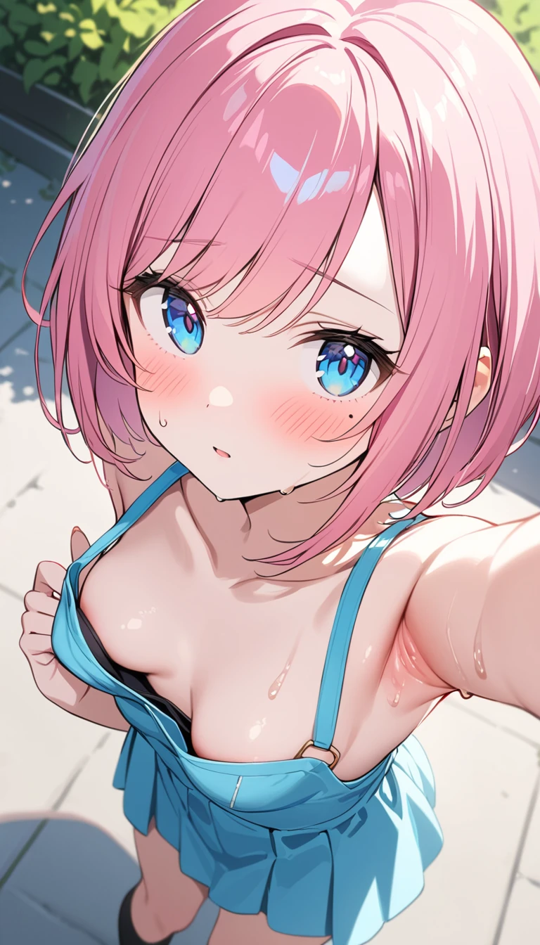 (1 girl),(Best Picture Quality, 8K, Masterpiece:1.3), (high  student:1.5), ((pink lob hair:1.1)), (bob cut),(swept bangs), (cute eyes, pupil black, iris skyblue, youthful face), (mole under right eye), (standard weight), (small breasts), (glistening skin:1.1),(pale skin:1.2),((showing armpits)),((summer fashion)),(portrait),(blush:1.2),((sweat:1.3)),(Nipple Slip),(from above).