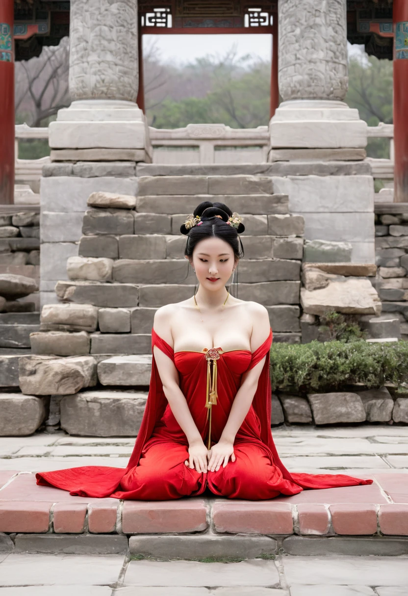 A front view of a naked empress with large breasts and a red loincloth open with both hands, playing with her pubic hair. A Qing dynasty empress on the stone paving outside the Chinese palace of the Qing dynasty. Her hair is tied up and pulled up, and she is wearing a gorgeous Chinese empress's crown.、