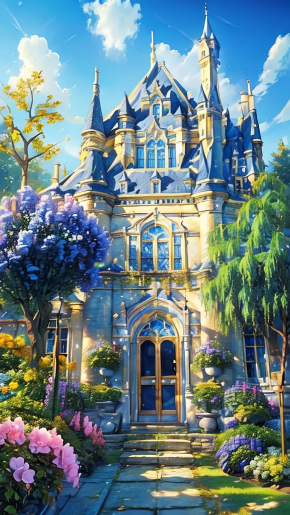 (((masterpiece))), (((best quality))), A magical academy building, front view, blue sky, colorful hydrangea, trees, ivy, bush, classic bulding