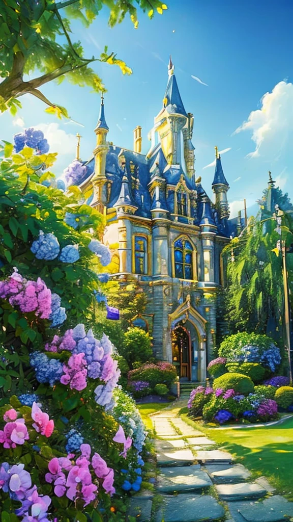 (((masterpiece))), (((best quality))), A magical academy building, front view, blue sky, colorful hydrangea, trees, ivy, bush, classic bulding