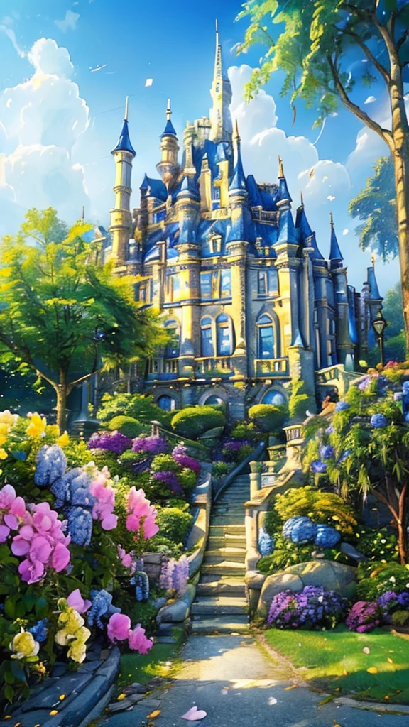(((masterpiece))), (((best quality))), A magical academy building, front view, blue sky, colorful hydrangea, trees, ivy, bush, classic bulding