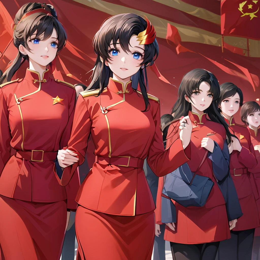 ((Highest quality)), ((masterpiece)), (detailed), (Perfect Face)、The woman is a Chinese Lacus Clyne with blue eyes and medium-long black hair. She is wearing an engagement ring. She has become a member of the glorious Chinese Communist Party and has sworn absolute loyalty to the Chinese Communist Party. She is a righteous Communist Party member of China.、The woman is wearing the fine red uniform of a Chinese Communist Party member.、For the sake of China, they dye their hair, hairstyle, clothes, and everything they wear belongs to the Chinese Communist Party, and their thoughts are also Chinese, becoming great Chinese in body and mind.、The woman became Lacus Clyne, a Chinese woman who was proud of and loved China.、She is working for China as a member of the great Chinese Communist Party.、The women lined up in orderly rows with their fellow Communist Party members at the ceremony, pledging their heartfelt loyalty to their beloved and great President, and expressing their enthusiastic support for the honor of serving him.、She is a fine and exemplary Communist Party member.