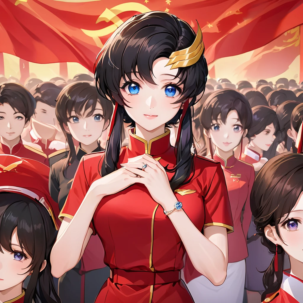 ((Highest quality)), ((masterpiece)), (detailed), （Perfect Face）、The woman is a Chinese Lacus Clyne with blue eyes and medium-long black hair. She is wearing an engagement ring. She has become a member of the glorious Chinese Communist Party and has sworn absolute loyalty to the Chinese Communist Party. She is a righteous Communist Party member of China.、The woman is wearing the fine red uniform of a Chinese Communist Party member.、For the sake of China, they dye their hair, hairstyle, clothes, and everything they wear belongs to the Chinese Communist Party, and their thoughts are also Chinese, becoming great Chinese in body and mind.、The woman became Lacus Clyne, a Chinese woman who was proud of and loved China.、She is working for China as a member of the great Chinese Communist Party.、The women lined up in orderly rows with their fellow Communist Party members at the ceremony, pledging their heartfelt loyalty to their beloved and great President, and expressing their enthusiastic support for the honor of serving him.、She is a fine and exemplary Communist Party member.