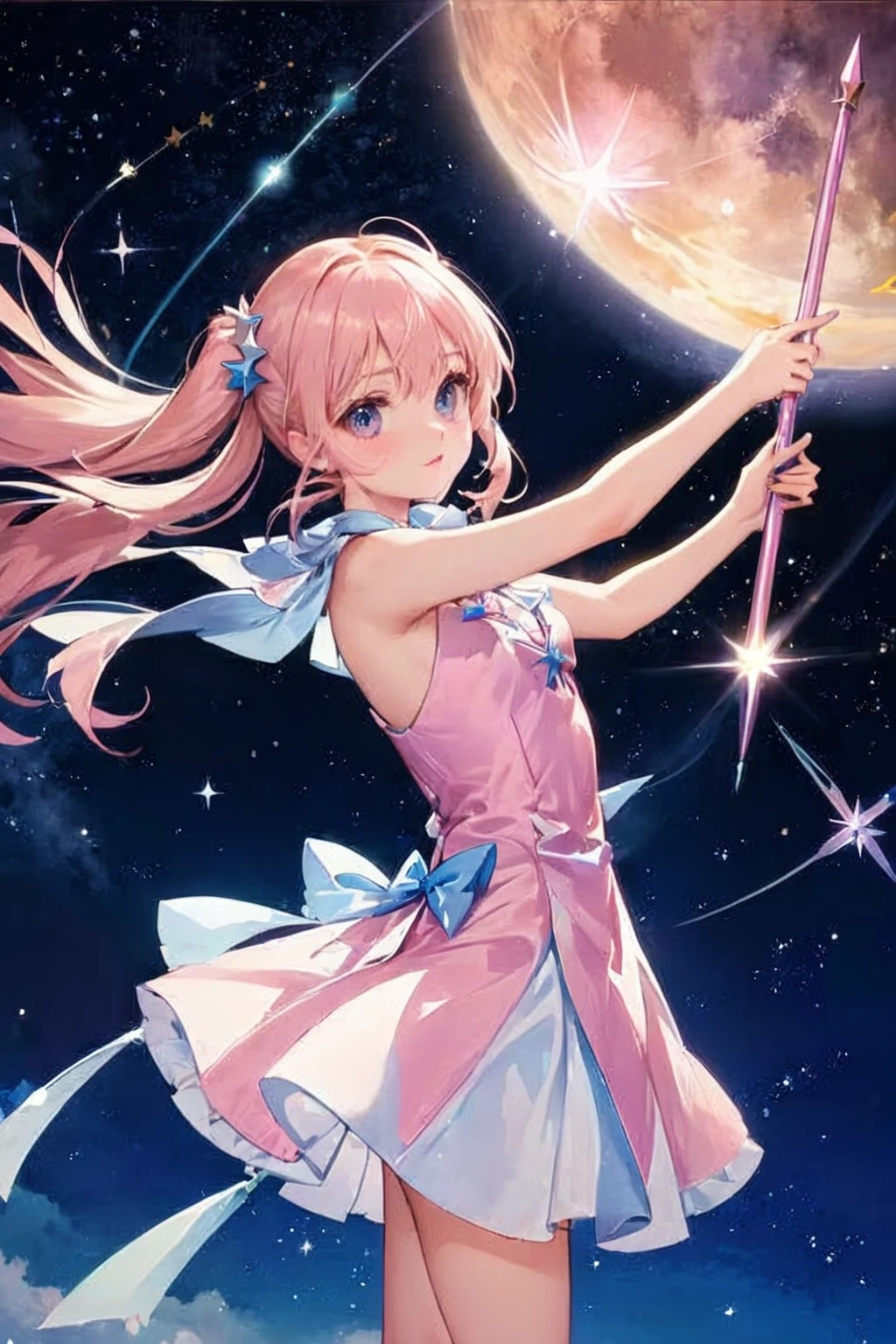 A girl in a pink dress holding a cane and a star, portrait of Magical girl, Nightcore, sparkling Magical girl, Magical girl, style of Magical girl, Magical girl anime mahou shojo, Anime Wallpaper, Cute anime waifu in a nice dress, Anime girl with bow and arrow, Have a magic wand, Beautiful fantasy anime, Beautiful Celestial Magician, Anime Wallpaper
