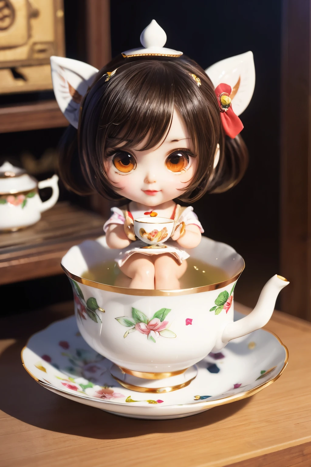 masterpiece,top-quality,Ultra-detail,(Chibi Chara (Tea cup Girl:1.2)),(Ochanoki,segment field),(in a teacup),Half-body bath,