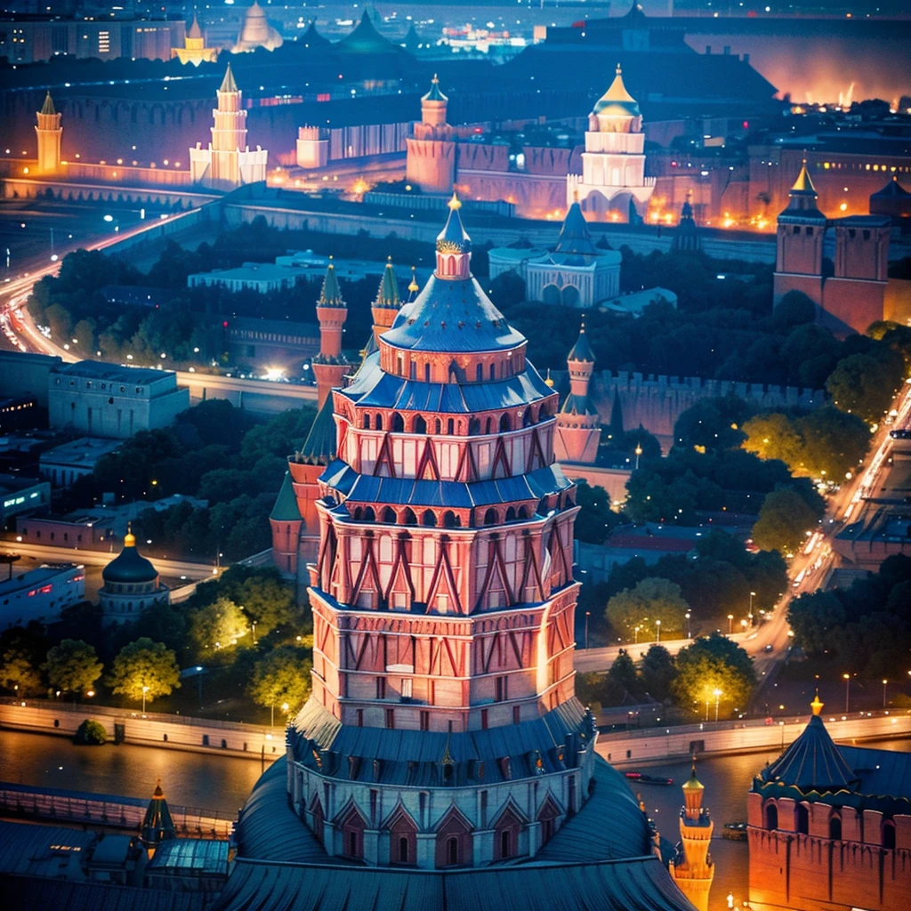 blue sky, evening light, (Aerial View of Kremlin complex of buildings:1.6), (young Beautiful woman is dancing in the Air), she wears long white thin silk dress, skin exposure is minimum, her beautiful and cute face, wide angle lens f/2.8, ultra insane high resolution intricate textures, texture indentation, perfect perspective, perfect geometry, the solar system in another dimension, other worlds, fire all around, energy fields, (luminism), ultra detailed busy background, tessellation, maximalism, perfectionism, IPA Award wining masterpiece