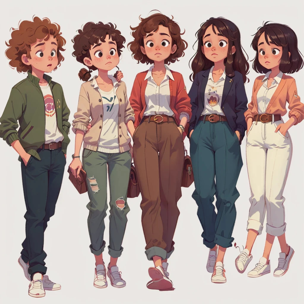 ((masterpiece)), (((Best quality))), illustration, group of teenagers, bright skin, freckles, curly hair, school clothes, Vyazannaya cardigan, trousers, White shirt, belt, relaxed posture, (simple background: 1.3) ,--6
