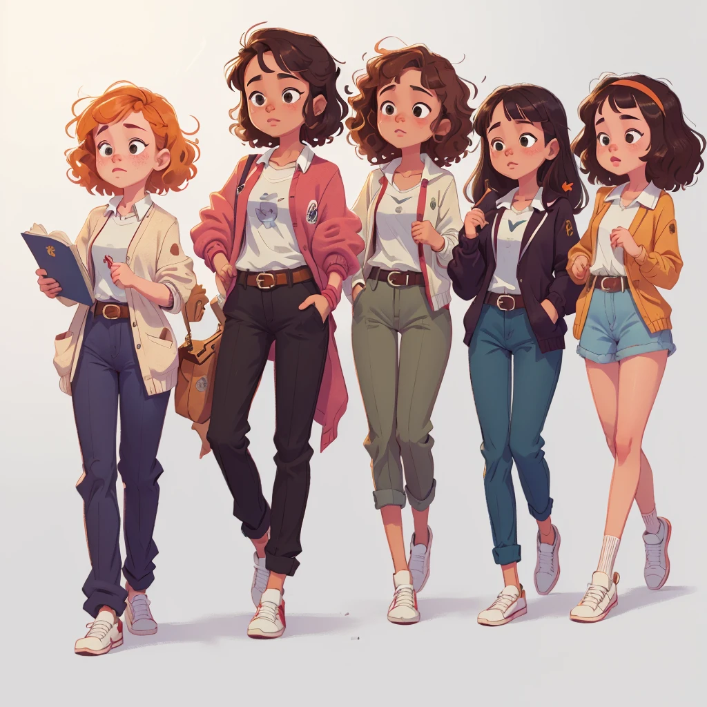 ((masterpiece)), (((Best quality))), illustration, group of teenagers, bright skin, freckles, curly hair, school clothes, Vyazannaya cardigan, trousers, White shirt, belt, relaxed posture, (simple background: 1.3) ,--6