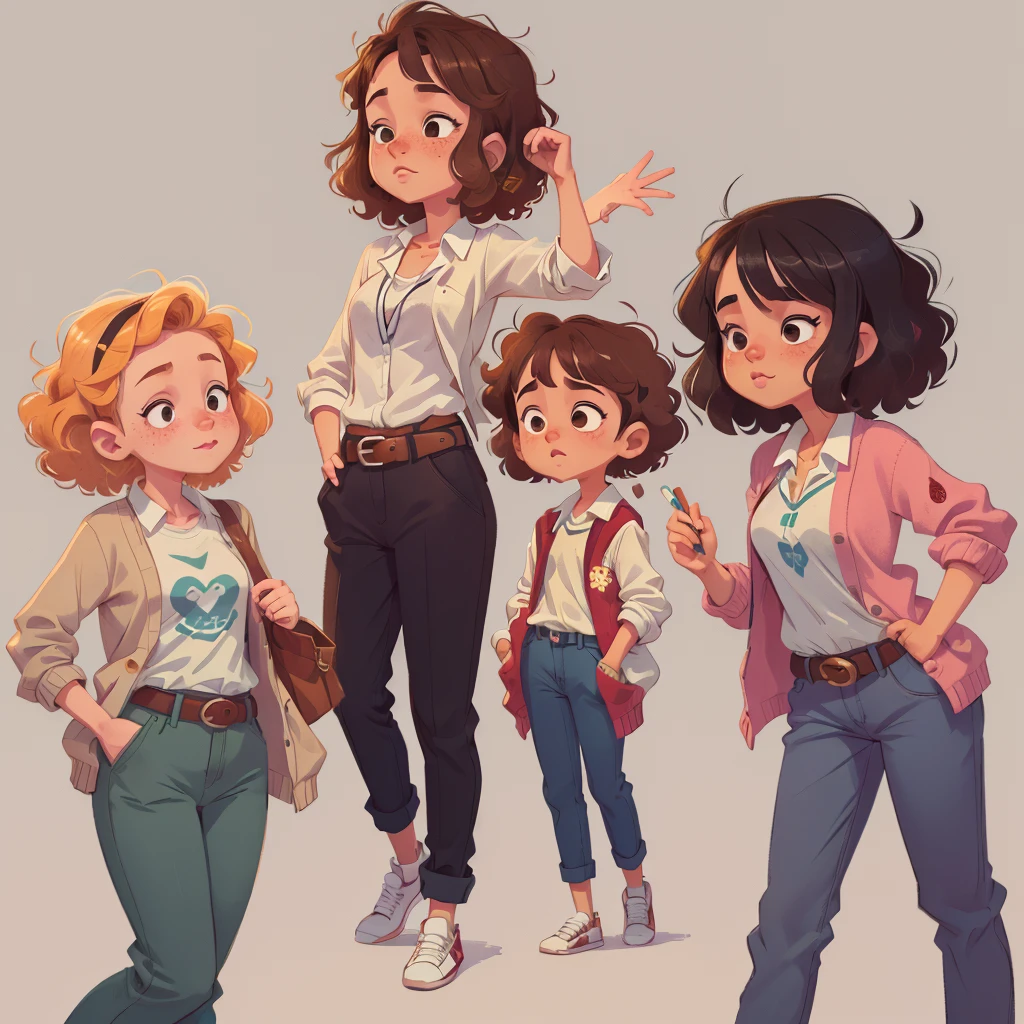 ((masterpiece)), (((Best quality))), illustration, group of teenagers, bright skin, freckles, curly hair, school clothes, Vyazannaya cardigan, trousers, White shirt, belt, relaxed posture, (simple background: 1.3) ,--6