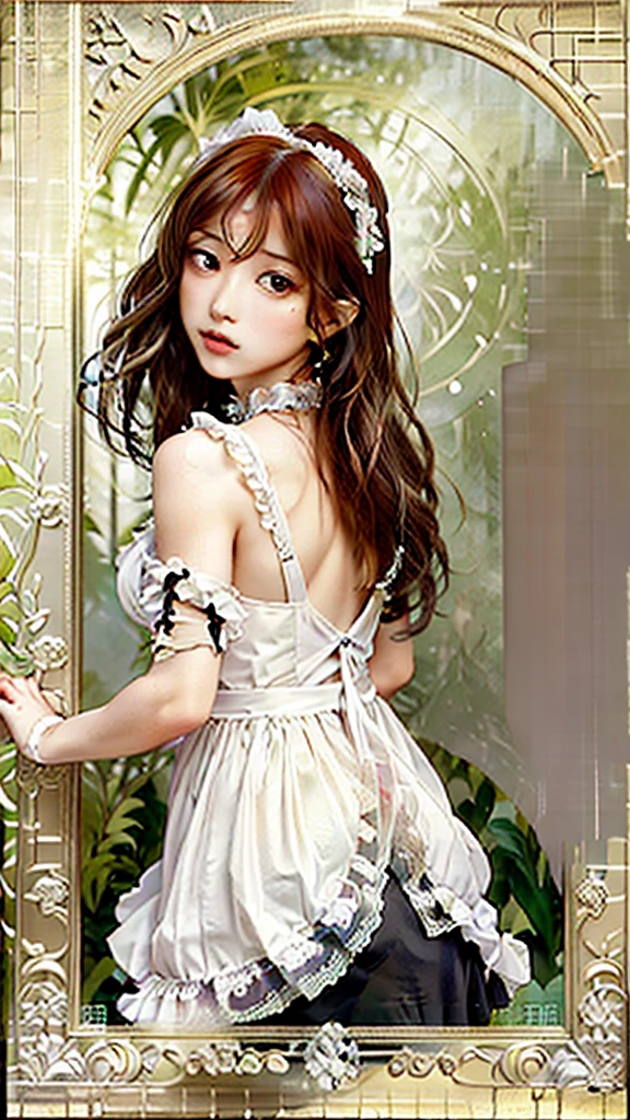 European woman face portrait, short straight hair, bon cur hair, Red hair, flower frame, Decorative panel, by Alphonse Mucha (masterpiece, of the highest quality, High resolution: 1.4), detailed, intricate details, 4k, color splash, Line art, Fibonacci, sexy maid dress, colorful dress