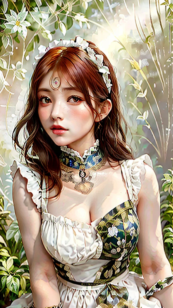 European woman face portrait, short straight hair, bon cur hair, Red hair, flower frame, Decorative panel, by Alphonse Mucha (masterpiece, of the highest quality, High resolution: 1.4), detailed, intricate details, 4k, color splash, Line art, Fibonacci, sexy maid dress, colorful dress