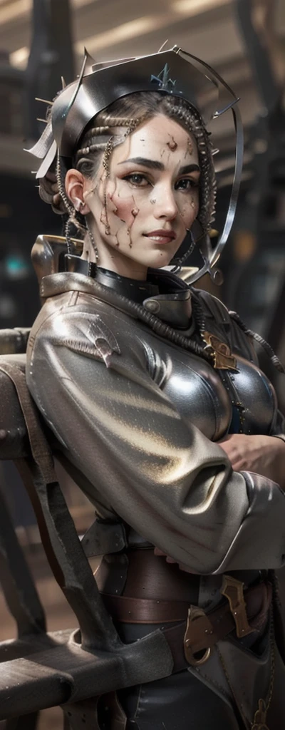 Photo full body of adepta sororitas, (( Nurse )), argent shroud, full armor, full metal armor, Christina Chong beautiful face, narrowed eyes. smirk. black braided hair with narrowed eyes, wearing intricate ornamented metal armor, stern face,, solo, (female:1.2), epic, platinum white armor, white pelvic curtain, bronze trimmings, , facial scar, gold iron halo, ((upper body:1.3)) focus, close-up, banner backgroun