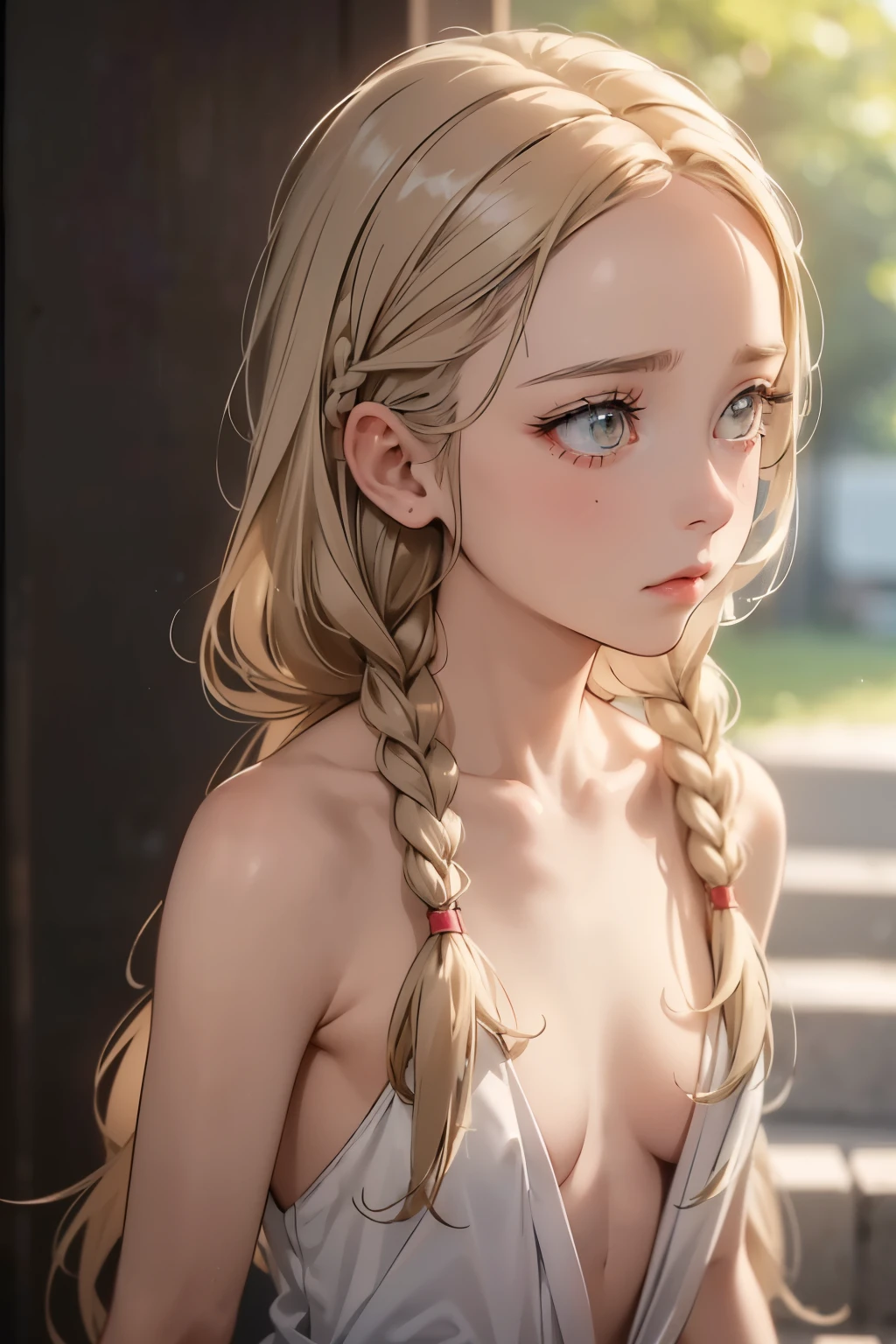  ((best quality)), ((masterpiece)), (detailed), 1girl, (big forhead:1.2),extremely detailed cute anime face, (((flat chest))), (flat chest:1.1),((((long twin braids,tight braids,long braid,braided hair,long hair)))),intricate eyes,beautiful detailed eyes,symmetrical eyes,(((detailed face))),beautiful detailed lips, looking at this, (((embarrassed))),(horrified expression),(panic),(crying),highres,(best quality),(ultra detailed,extremely detailed),perfect face details, ((masterpiece:1.4, best quality))+, (ultra detailed)+, long twintails, cute girl, (flat chest:1.1), small breasts, slim body, skinny, (narrow hips), prominent collarbones, skinny arms, flat stomach, visible hip bones, long hair, red hair, white hair, blonde hair, dark hair, ponytail, thick ponytail, heavy ponytail, small breasts, perfect face, small breasts (flat chest:1.1), NSFW, long revealing gown,Detailed body，Full limbs，(from behind), (turning), NSFW, (flat chest:1.1), nude 