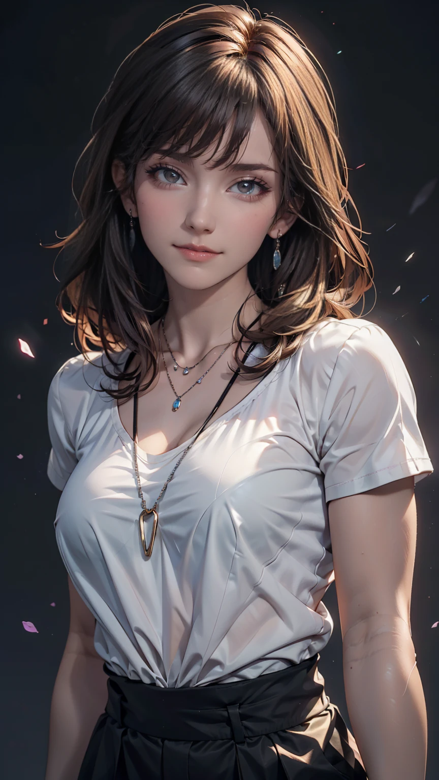 masterpiece,One girl,alone, A light smile, Metal Necklace, White shirt, Modern , accessories, Purple and black two-tone hair color, Unique Hairstyles, stylish, Black background