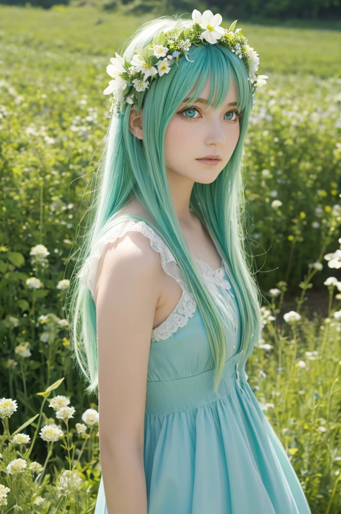 Light green hair, long hair, blue eyes, dress, front view, flower field, flower on head