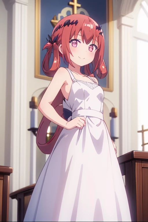 (Highest quality,masterpiece), One girl、alone, cute、smile、Detailed Background, Gavriel Dropout、Satanya、church、Standing posture、Pure White Prom Dresses、ステンドグラス、ロングスカート