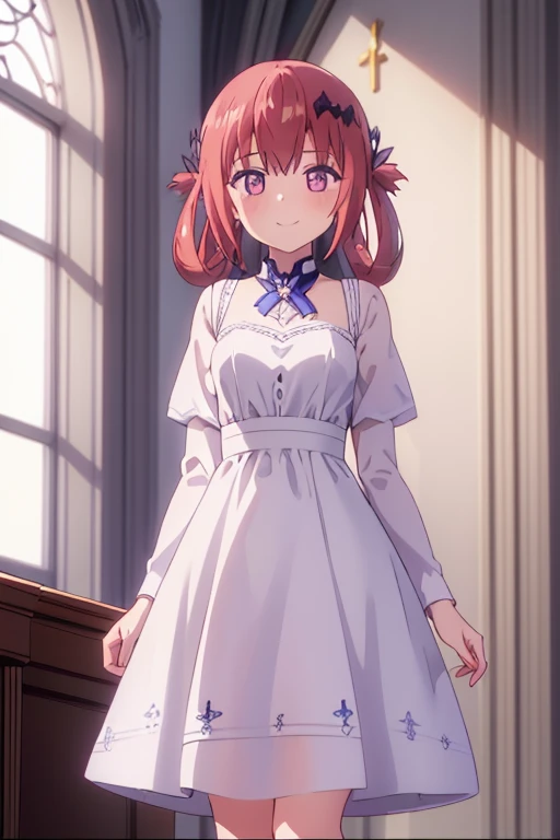 (Highest quality,masterpiece), One girl、alone, cute、smile、Detailed Background, Gavriel Dropout、Satanya、church、Standing posture、Pure White Prom Dresses、ステンドグラス、ロングスカート