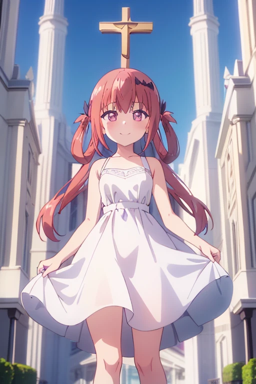 (Highest quality,masterpiece), One girl、alone, cute、smile、Detailed Background, Gavriel Dropout、Satanya、church、Standing posture、Pure White Prom Dresses、ステンドグラス、ロングスカート