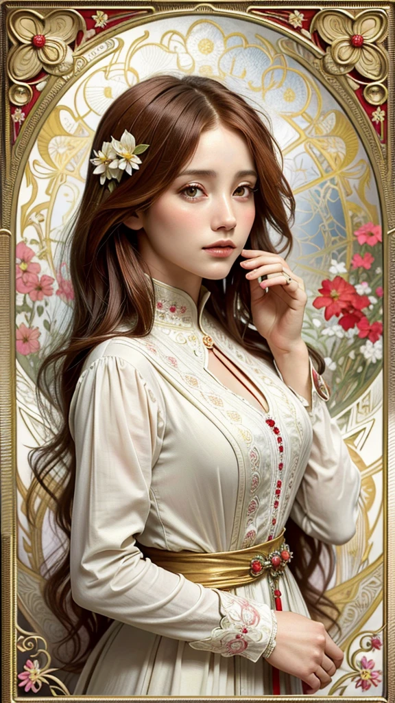 European woman face portrait, short straight hair, bon cur hair, Red hair, flower frame, Decorative panel, by Alphonse Mucha (masterpiece, of the highest quality, High resolution: 1.4), detailed, intricate details, 4k, color splash, Line art, Fibonacci, sexy maid dress, colorful dress