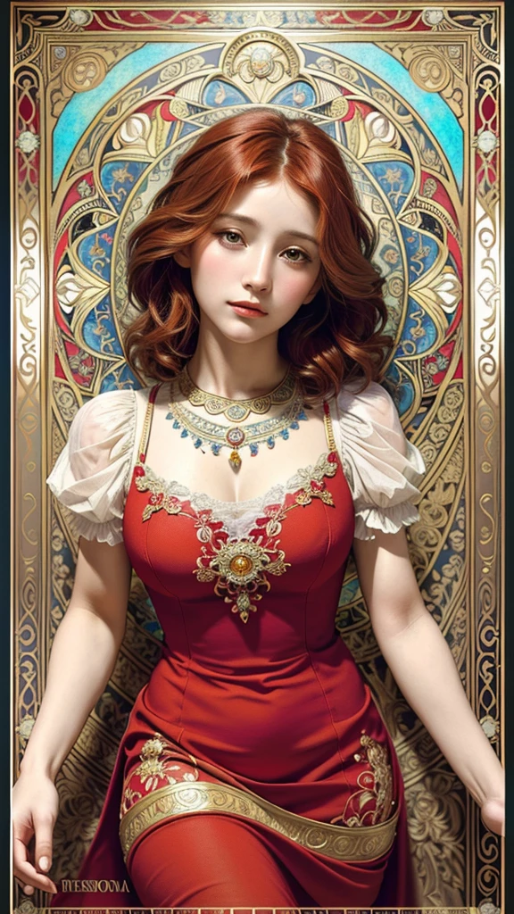 European woman face portrait, short straight hair, bon cur hair, Red hair, flower frame, Decorative panel, by Alphonse Mucha (masterpiece, of the highest quality, High resolution: 1.4), detailed, intricate details, 4k, color splash, Line art, Fibonacci, sexy maid dress, colorful dress