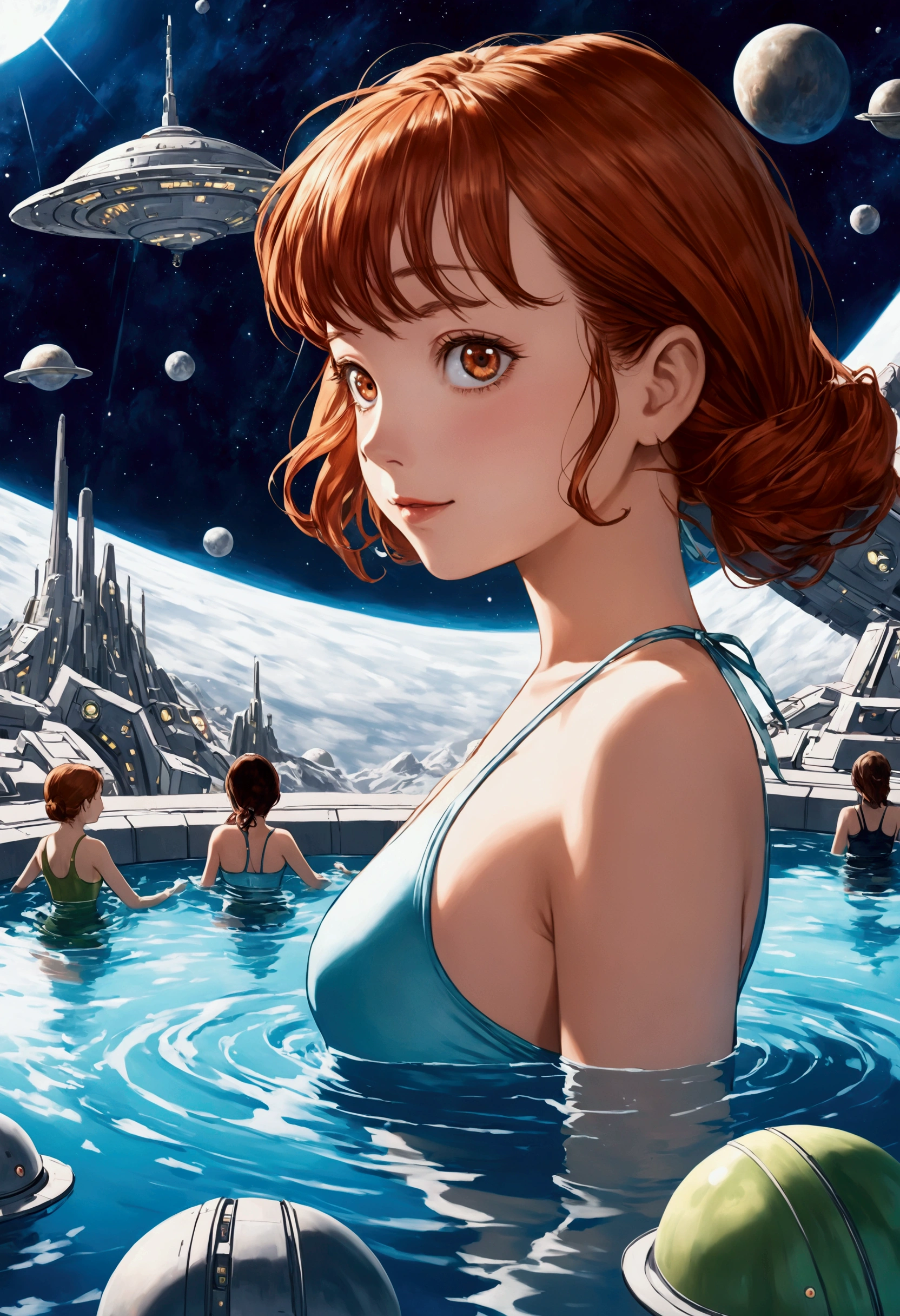 People in swimsuits in the pool inside the space colony々Please draw a picture of them having fun playing.。A close-up on one of the women、Also, please draw it so that the background looks like a space colony.。