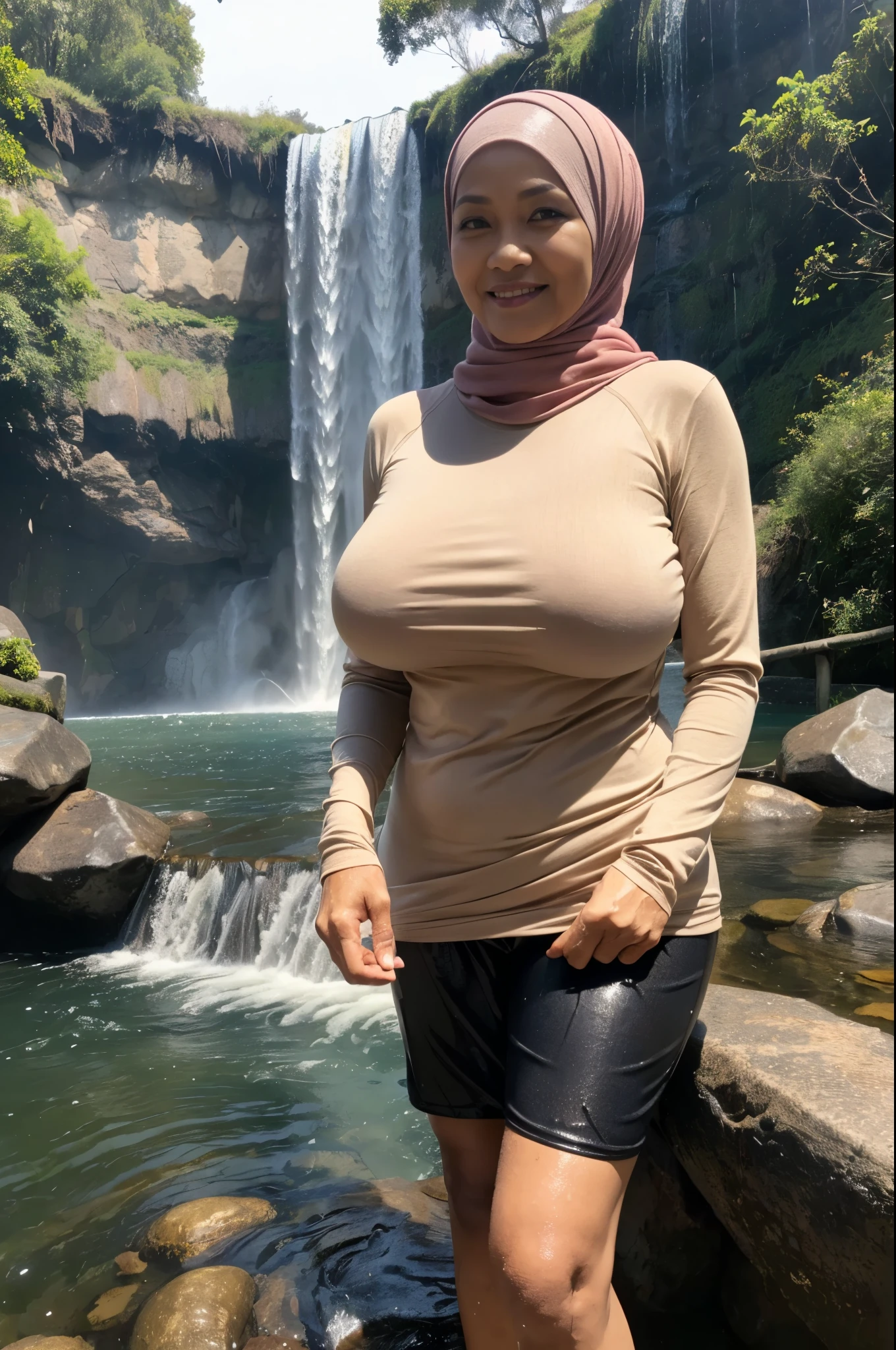 ((56 years old, Indonesian Mature woman, mature age woman, GILF, Sugar Granny, Hijab, Wearing Tight Long-Sleeve T-shirt, Wet Clothes))), ((Lifting T-Shirt)), ((Natural Gigantic Breast : 1.4)), casual Pose, Smiling face, Professional Photoghraphy, work By Master Of Photoghraphy, (((At Waterfall))), (((Having Bath))), Deep photo, Full body shot, 32K Best Quality photo, Ultra-high reallistic Photos.