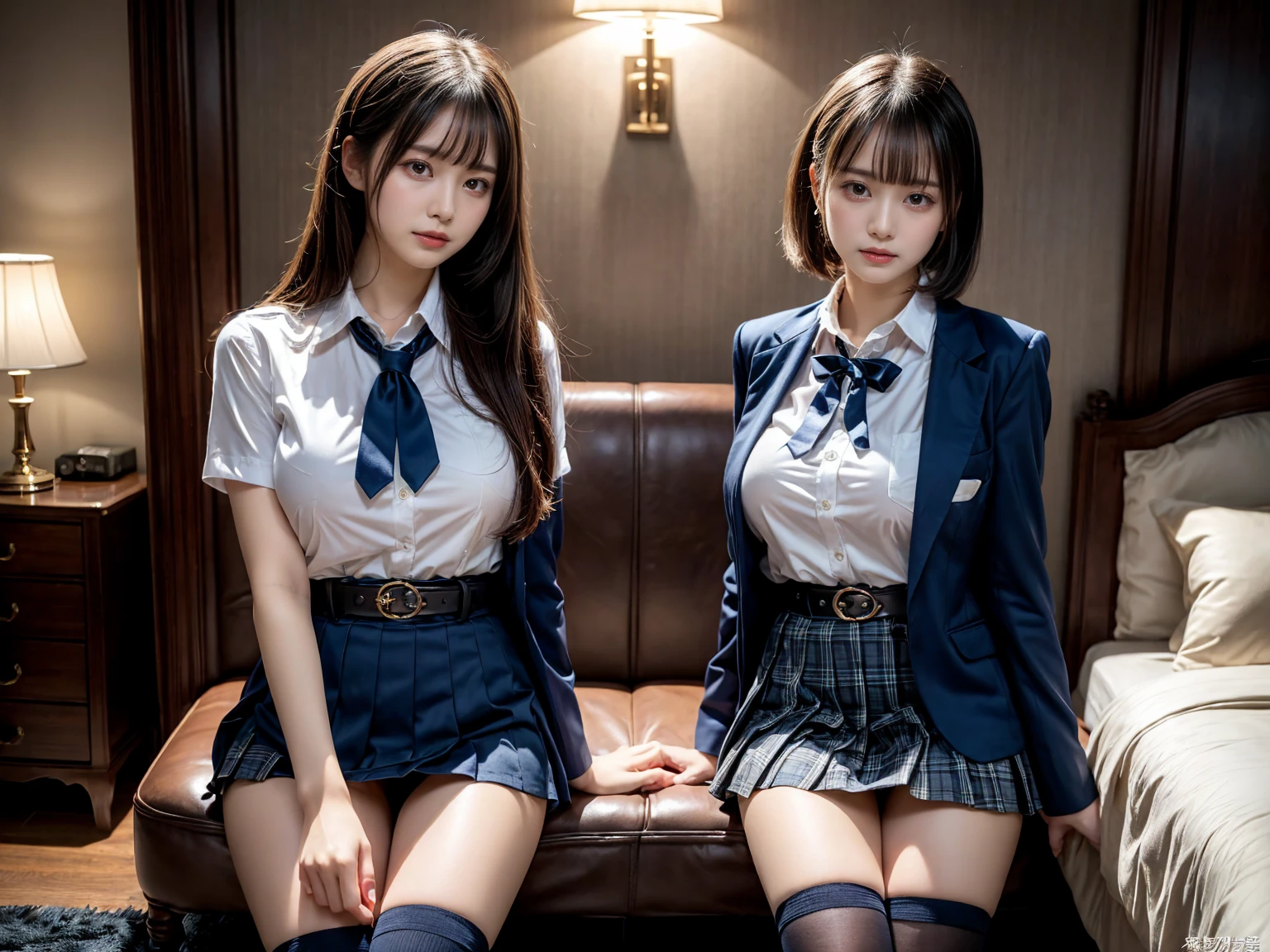 (8K, Raw photography, top-quality, ​masterpiece:1.2), master piece, best quality, illustration, Super detailed, fine details, High resolution, 8K,wall paper, perfect dynamic composition,(Details High quality, realistic depiction of eyes:1.3), ((2 girls, 2 schoolgirls)), The background is a luxury hotel room、High school girl uniform、blazer 、Super Short Check Uniform Skirt、Navy blue high socks、garterbelts、Colossal tits、Disturbed uniform, Play with each other,Touching each other's bodies,Touching the body of the girl next door, short bob hair, black hair color, huge breasts, Big Natural Color Lip, bold sexy pose, (perfect body shape), crying a little、cold gaze,  Beautiful makeup,glitter makeup,Cutest 18 years old, beautiful legs, hposing Gravure Idol, Voluptuous thighs
