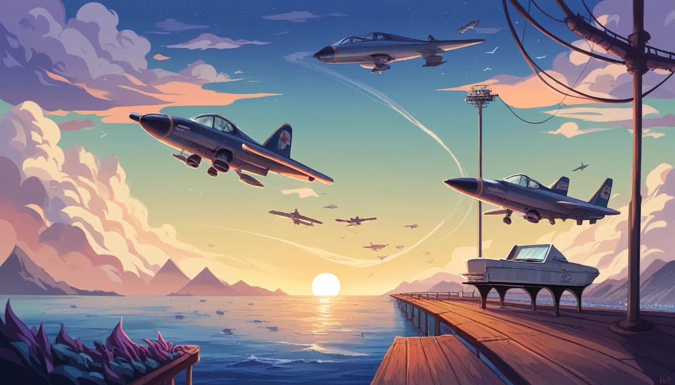 8k, Highest quality, Master Parts, landscape,Bridge pier,another々To, March, coastal, Electric pole, long stone bridges that stretch into the 8月, Beautiful views, a jet plane flying over the sky leaving two white air 8月ks. blue sky, sunset, night, seaside coral reef、Black Grand Piano