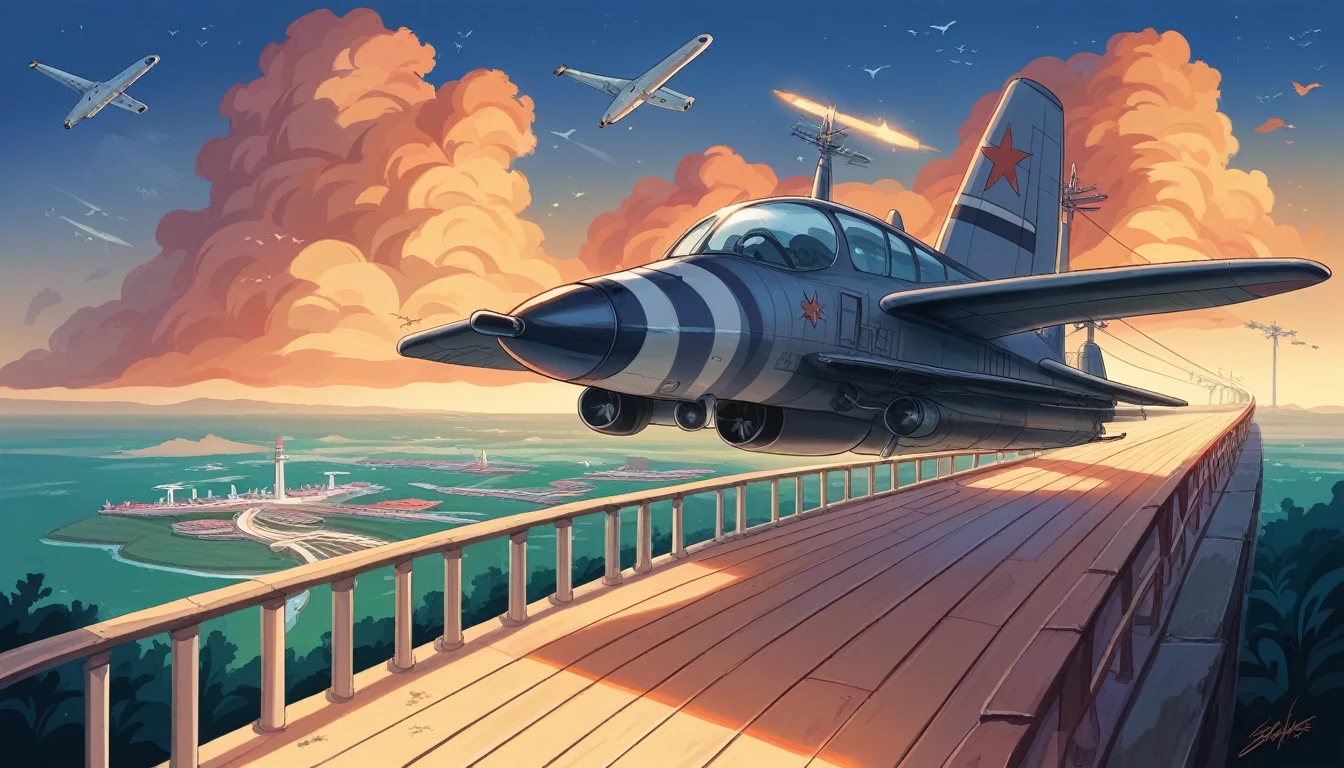 8k, Highest quality, Master Parts, landscape,Bridge pier,another々To， March, coastal, Electric pole, long stone bridges that stretch into the 8月, Beautiful views, a jet plane flying over the sky leaving two white air 8月ks. blue sky, sunset, night, seaside coral reef、Black Grand Piano