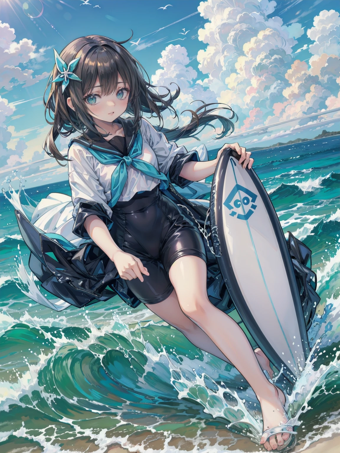 barefoot、Anime girl riding a surfboard on ocean waves, Casciato, Casciato kenz, By Yoshihiko Wada, surfing, Expressing joy. by krenz Casciato, , Asuka as a surfer model, Anime Styleイラスト, Official Art, Nagatoro, fubuki, High quality anime art style, High resolution, Anime Style」