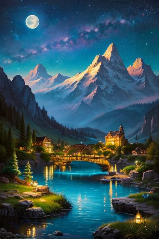 Highest quality、masterpiece、Landscape painting、Moon, Mountains and Lakes、night、Surrealism