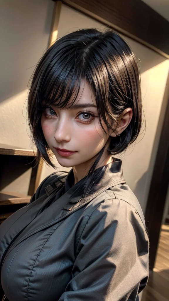 ((Beautiful Face:1.4)), (Purelos Face_v1: 1.0), Half Body,(Highest Resolution, clear_image) Highest quality, Single, One Woman, alone, masterpiece, Very detailed, (realistic), Black short hair, Black Hair, bangs, mature, ((JSDF uniform)), Indoor Background, kind, Authoritative, Powerful, Exquisite facial features, Exquisite facial features,((Natural big breasts:1.2))