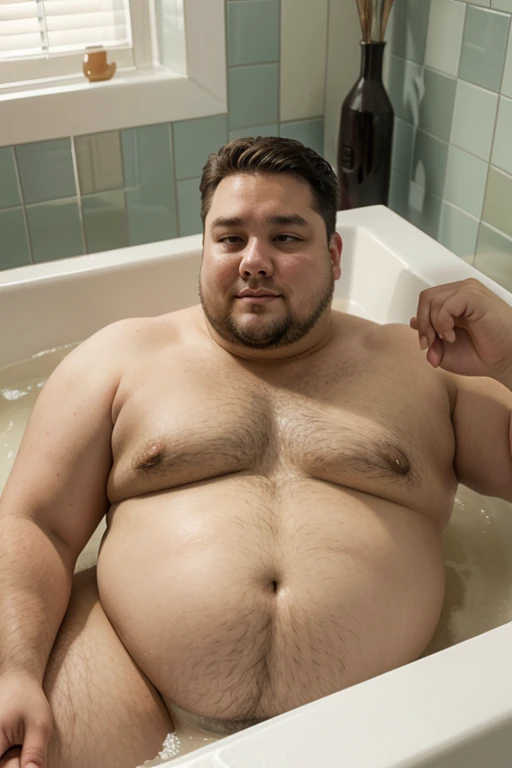 Fat man without shirt relaxing in bathtub