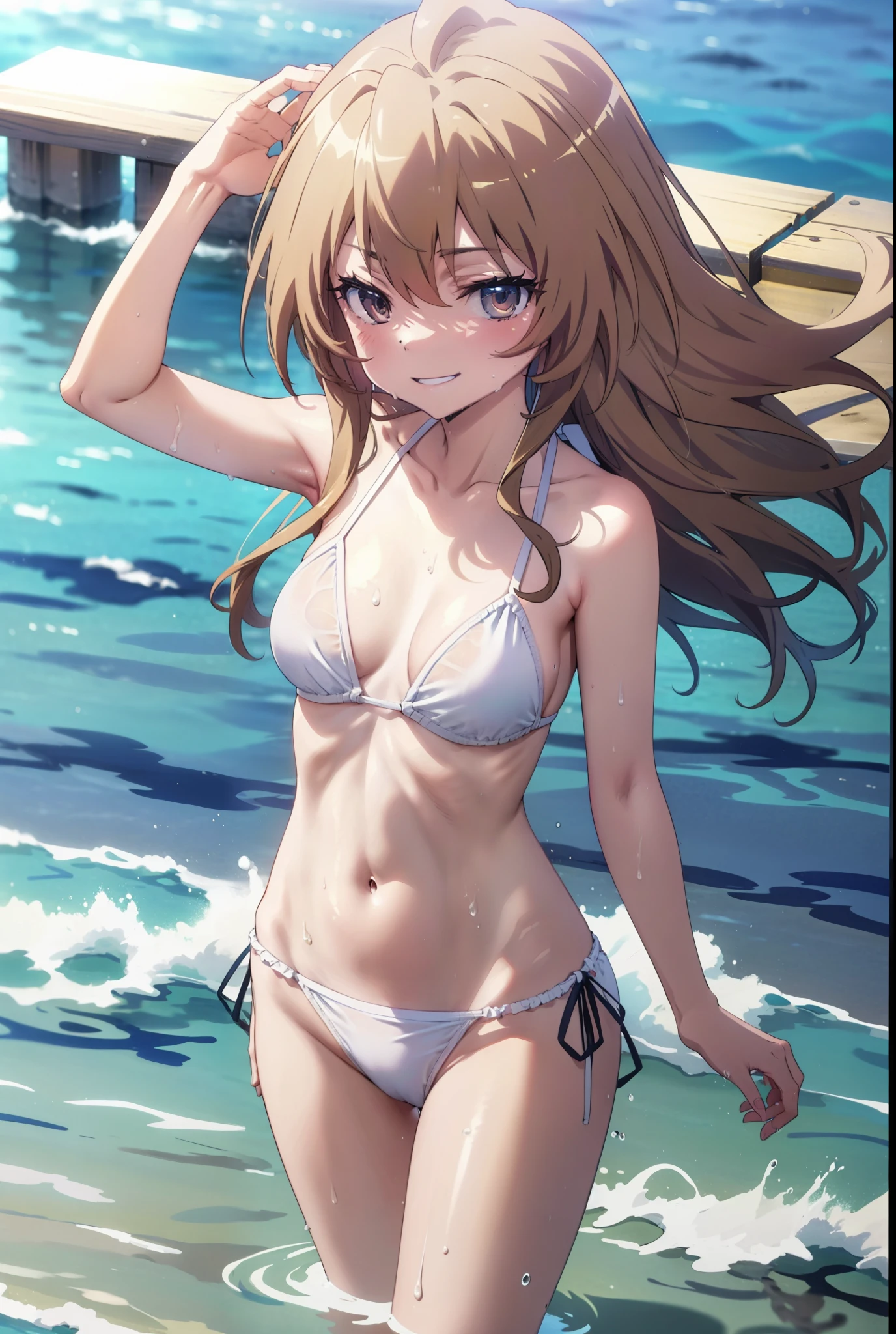 Aisaka Taiga, Aisaka Taiga, Long Hair, Brown Hair, Brown eyes,happy smile,smile, Close your mouth,White string bikini swimsuit,barefoot,Water Play,Wet swimsuit,Wet Hair,Wet Skin,whole bodyがイラストに入るように, break looking at viewer, whole body, (Cowboy Shot:1. 5)
break outdoors,Ocean,
break (masterpiece:1.2), Highest quality, High resolution, unity 8k wallpaper, (shape:0.8), (Beautiful attention to detail:1.6), Highly detailed face, Perfect lighting, Highly detailed CG, (Perfect hands, Perfect Anatomy),