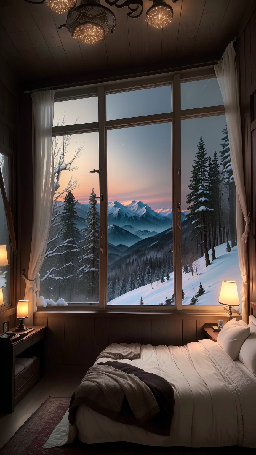 Alafud Bedroom，Enjoy the view of snowy mountains and snowy night, Comfortable place, Comfortable room, Very comfortable, Comfortable and calm, Comfortable atmosphere, Comfortable and peaceful atmosphere, comfortable environment, Comfortable bed, Comfortable atmosphere, comfortable environment, Stunning views, Comfortable atmosphere, Winter Environment, Beautiful epic vista, Relaxation time. Nice scenery, Soothing and comfortable landscape, Comfortable wallpaper