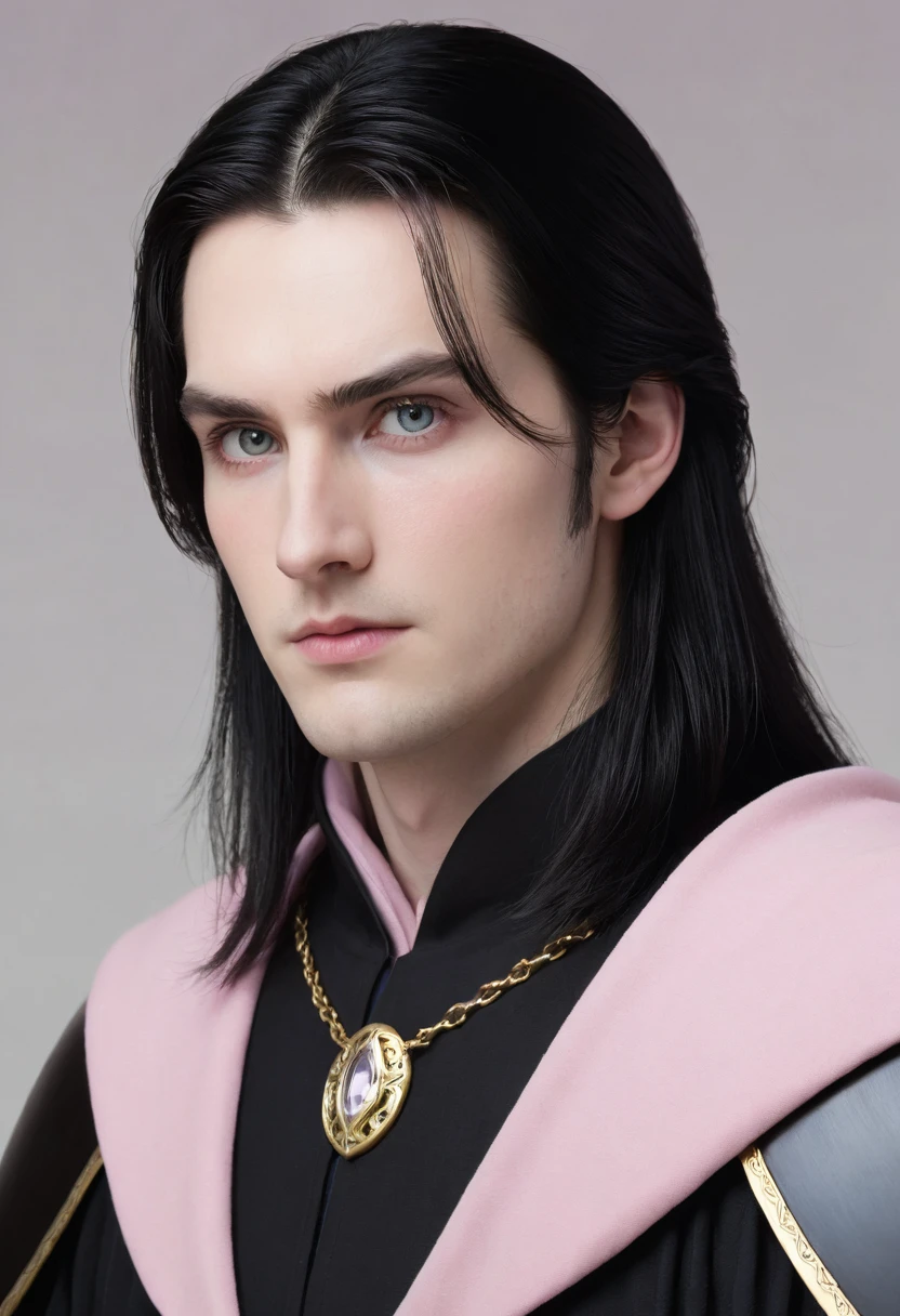 Knight in black ring-mail, pink mantle, plain face, beardless and ordinary, pale skin, average height, average weight, very pale eyes, medium long black hair, thin eyebrows, expressionless face, unsmiling