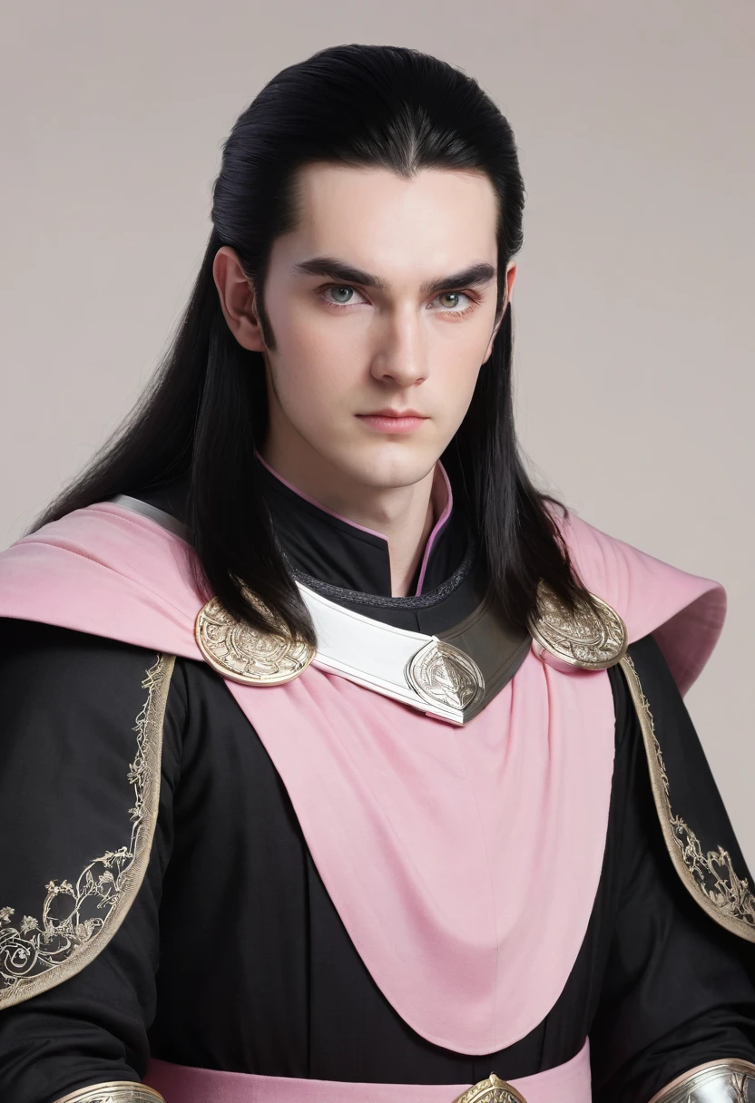 Knight in black ring-mail, pink mantle, plain face, beardless and ordinary, pale skin, average height, average weight, very pale eyes, medium long black hair, thin eyebrows, expressionless face, unsmiling