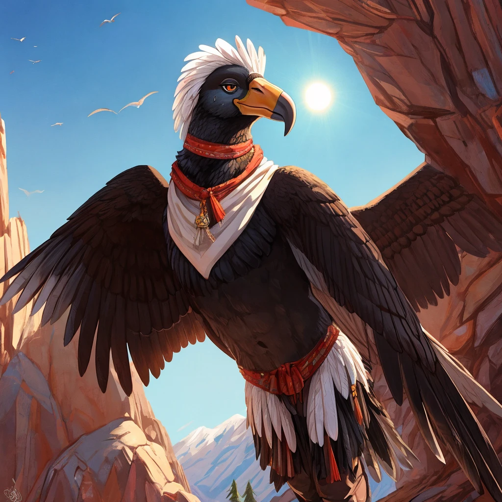 A Condor, furry, humanoid, Condor ave, muscular, calvo, black and white feathers, condor, muscular, arid mountain, in perspective, bright sun, sweat, sunny, vivid colors, Andean Condor is one of the largest raptor species in the Neotropics. Its beak is cream-white at the end and black at the base.. Plumage Characterized by its white feather scarf around its neck and at the end of its wings Condor, condor bird