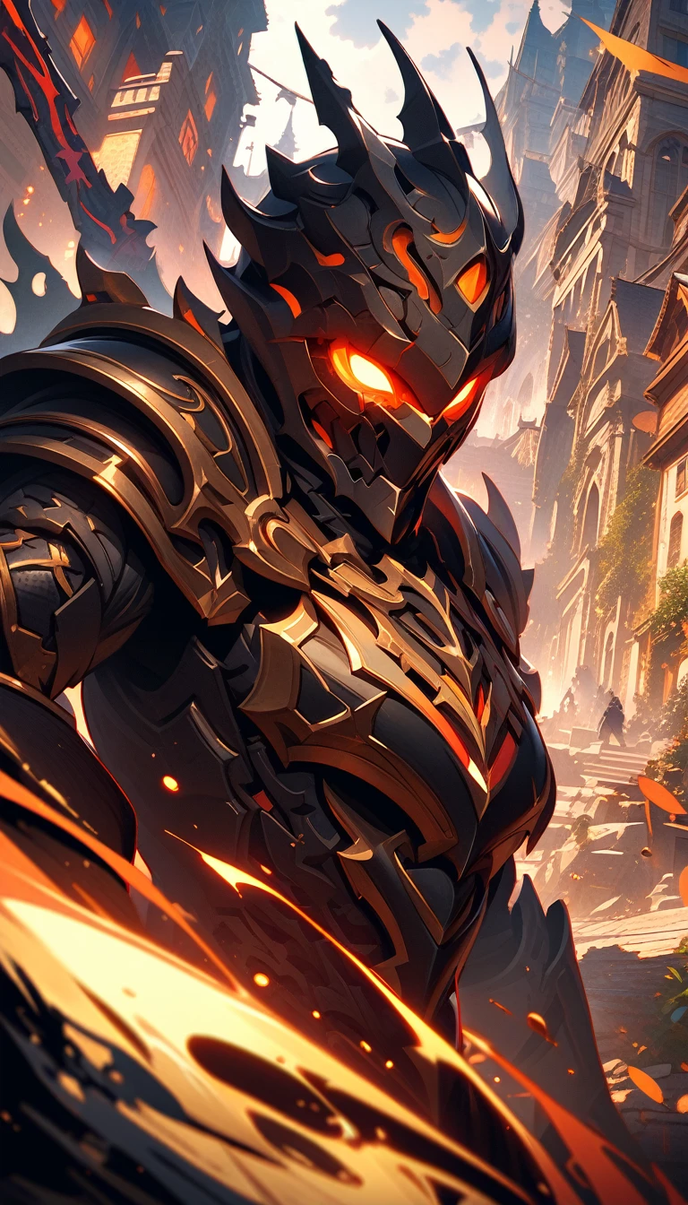((best quality)) , ((masterpiece)) , (detailed)，VND3 League of Legends splash art depicts a close up of an armored man's face and upper body in black armor with glowing orange eyes. He is fighting against shadow demons in front of a fantasy city background. The palette features dark gray, red, brown, and gold colors with a translucency effect. There is textural detail and a low angle view.,Pointillism style，Composed entirely of small, distinct dots of color, vibrant, highly detailed