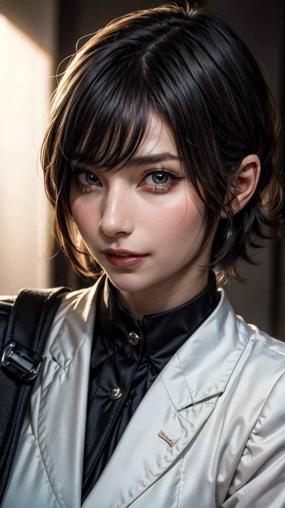 ((Beautiful Face:1.4)), (Purelos Face_v1: 1.0), Half Body,(Highest Resolution, clear_image) Highest quality, Single, One Woman, alone, masterpiece, Very detailed, (realistic), Black short hair, Black Hair, bangs, mature, ((JSDF uniform)), Indoor Background, kind, Authoritative, Powerful, Exquisite facial features, Exquisite facial features,((Natural big breasts:1.2))