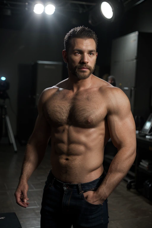 muscular man, 40 years old, full length, beard, happy hairy trail, turning to camera, stone jeans, hyper realistic, photorealistic, extremely detailed, 8k, studio lighting, professional photography, cinematic lighting, dramatic lighting, chiaroscuro lighting, high contrast, sharp focus, vivid colors, unreal engine, detailed skin texture, realistic facial features, masculine, rugged, strong, powerful